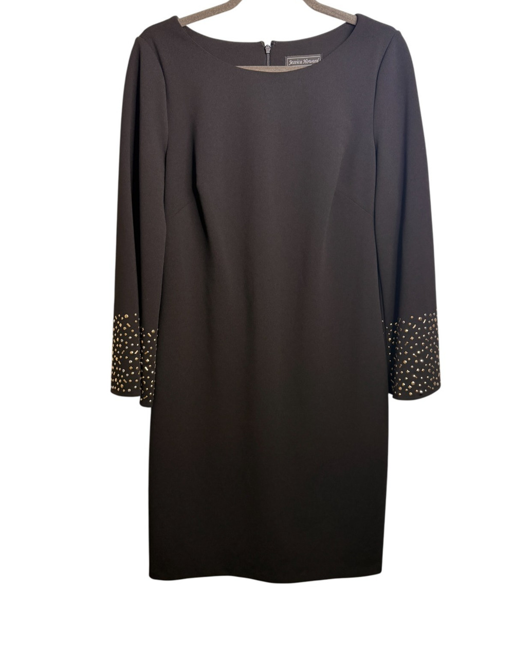 Jessica Howard Black Bell Sleeve Rhinestone Cuff Shift Dress Size 10 NWT